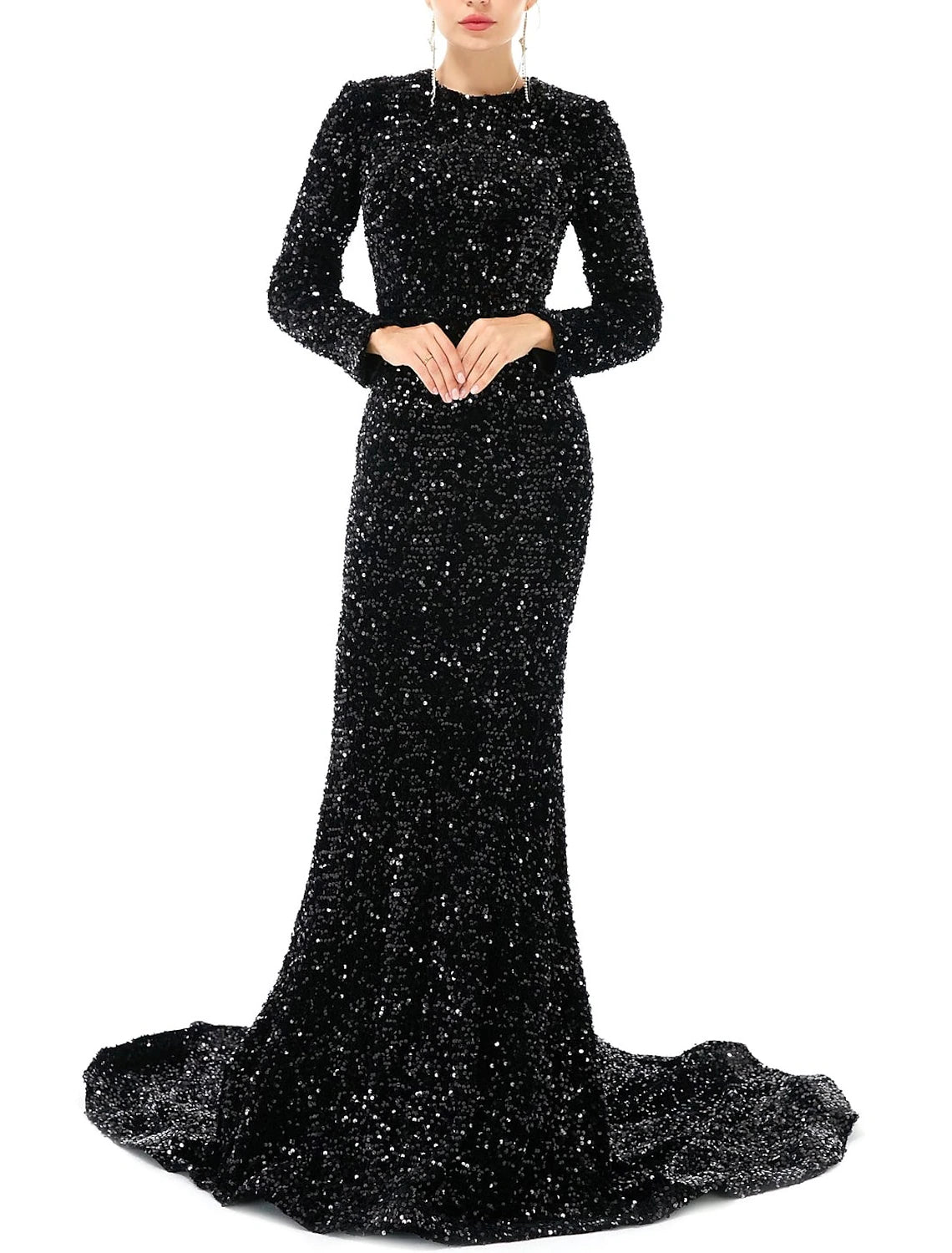 Mermaid / Trumpet Evening Gown Glittering Dress Prom Formal Evening Chapel Train Long Sleeve Jewel Neck Satin with Overskirt Pure Color