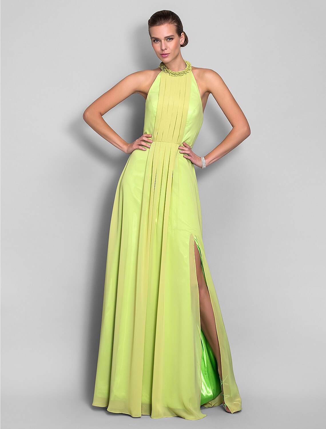 Sheath / Column High Neck Floor Length Chiffon Open Back Prom / Formal Evening Dress with Draping / Split Front / Cascading Ruffles