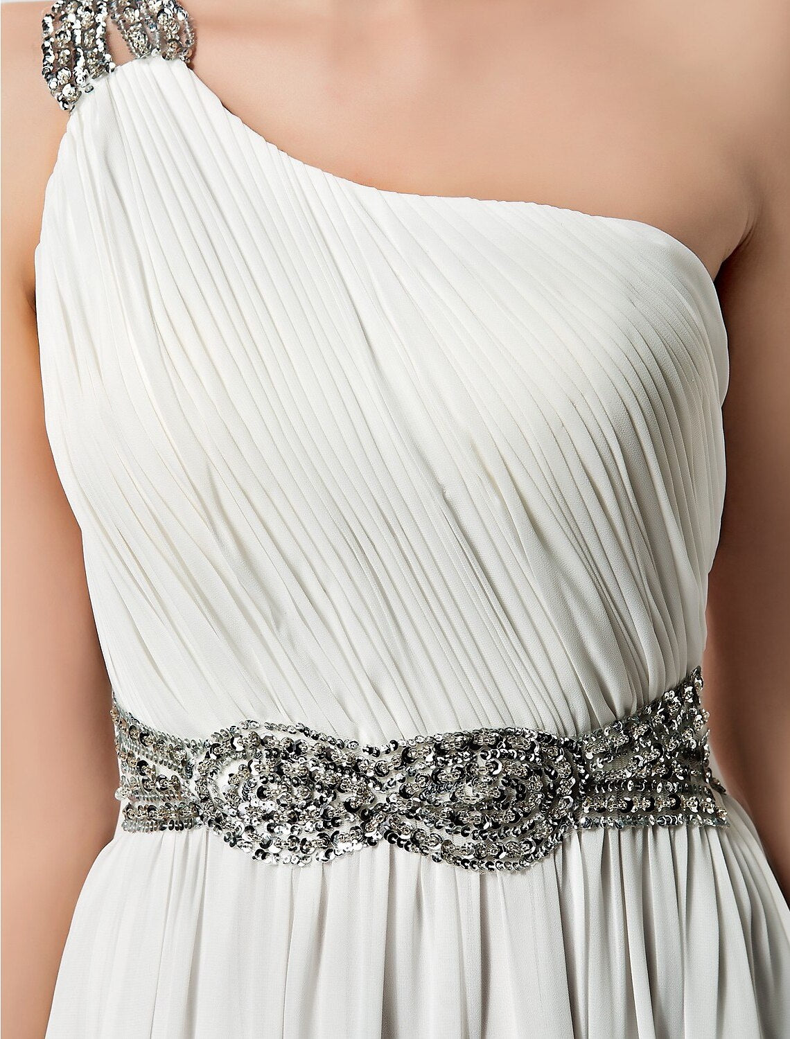 Sheath / Column One Shoulder Floor Length Chiffon Dress with Beading / Draping