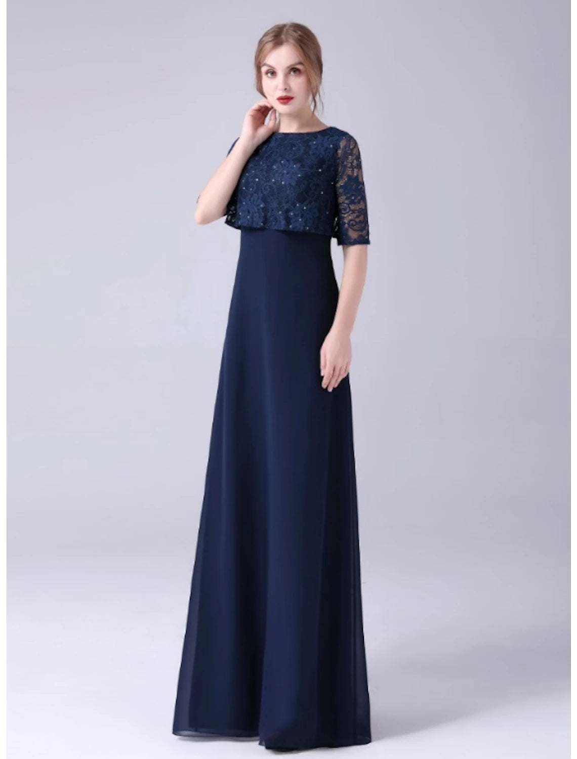 A-Line Mother of the Bride Dress Elegant Sweet Jewel Neck Floor Length Chiffon Half Sleeve with Lace Crystals