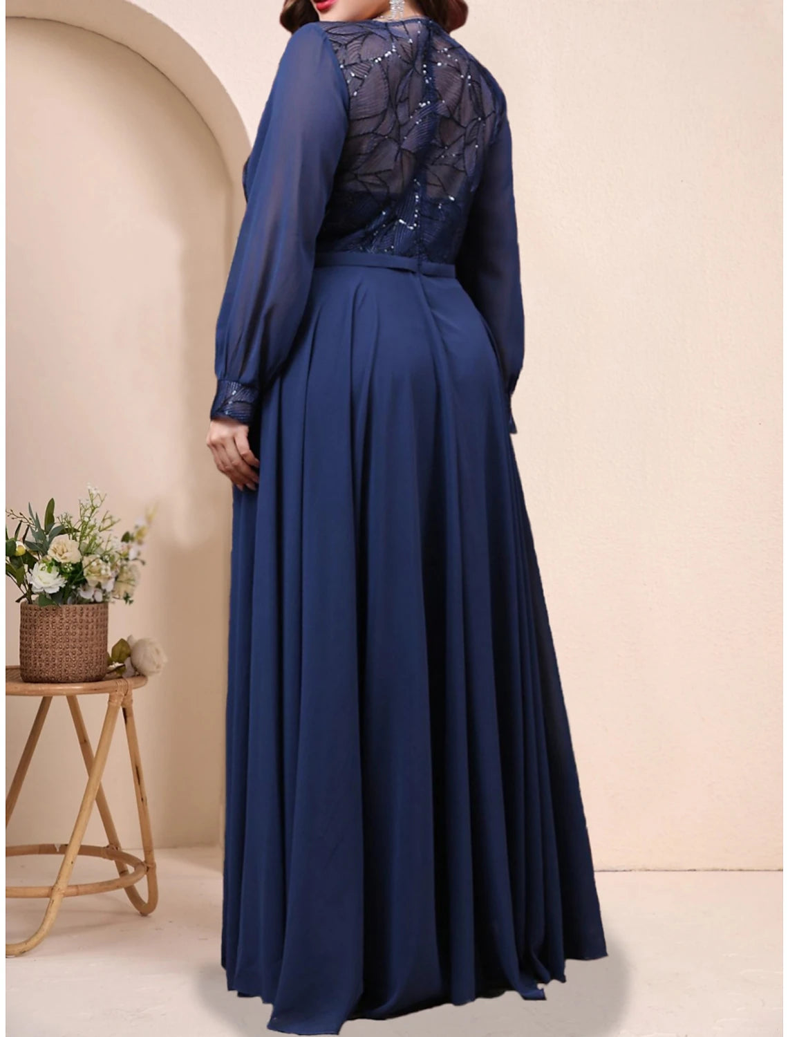 A-Line Plus Size Curve Mother of the Bride Dress Wedding Guest Plus Size Sparkle & Shine Jewel Neck Floor Length Chiffon Long Sleeve with Pleats Sequin