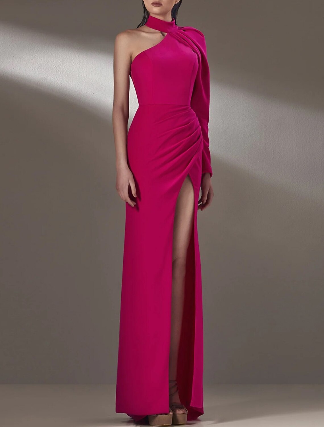 Sheath / Column Evening Gown Elegant Dress Formal Prom Floor Length Long Sleeve One Shoulder Stretch Fabric with Ruched