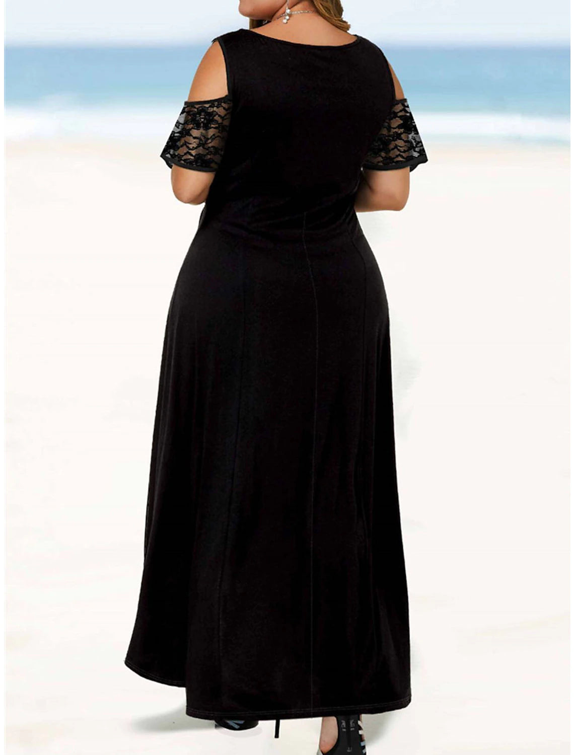 Women's Plus Size Curve Party Dress Lace Dress A Line Dress Solid Color Long Dress Maxi Dress Short Sleeve Lace Crew Neck Modern Party Black Red Spring Summer