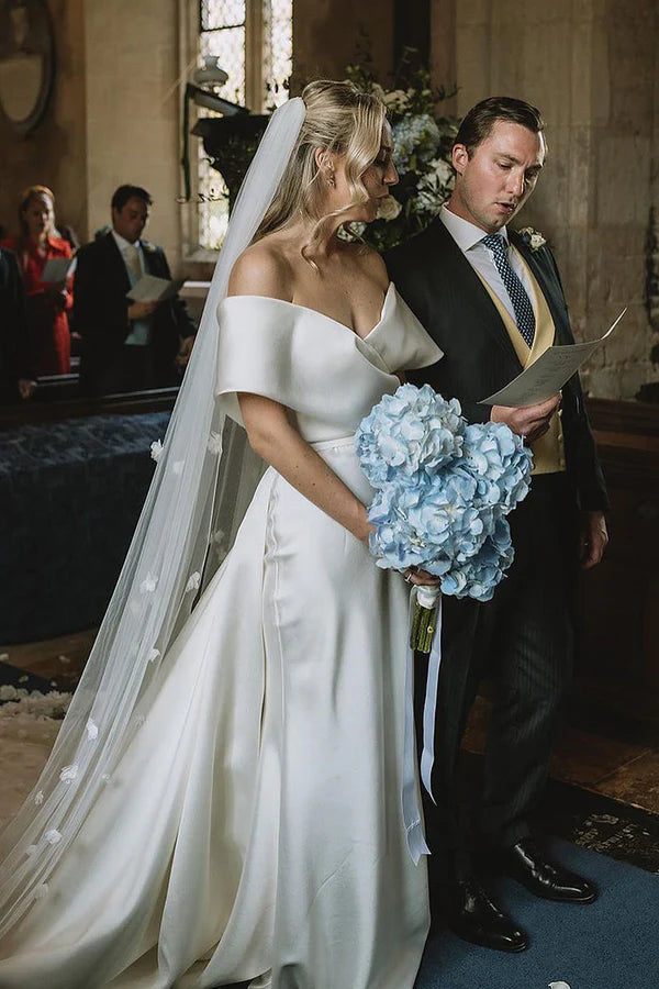 Buyishang Mermaid Off the Shoulder White Satin Wedding Dresses