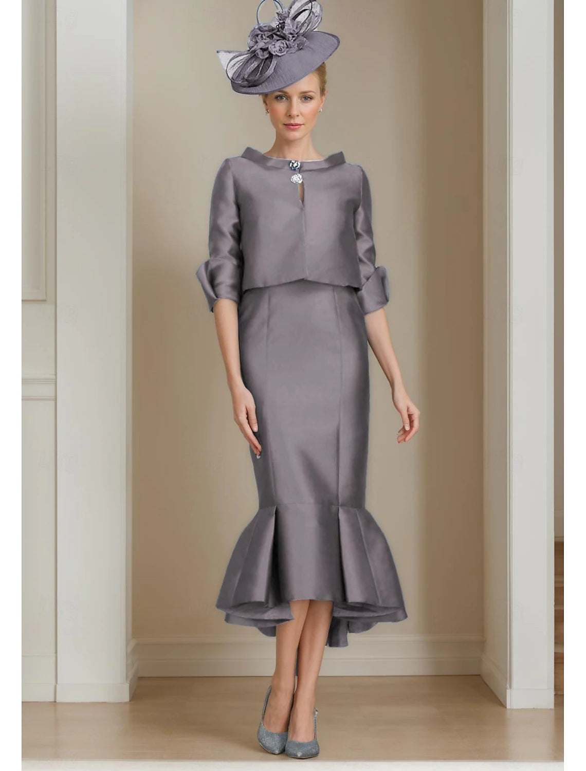 Buyishang Two Piece Mermaid / Trumpet Mother of the Bride Dress Formal Wedding Guest Elegant Jewel Neck Tea Length Satin Half Sleeve with Buttons free custom size