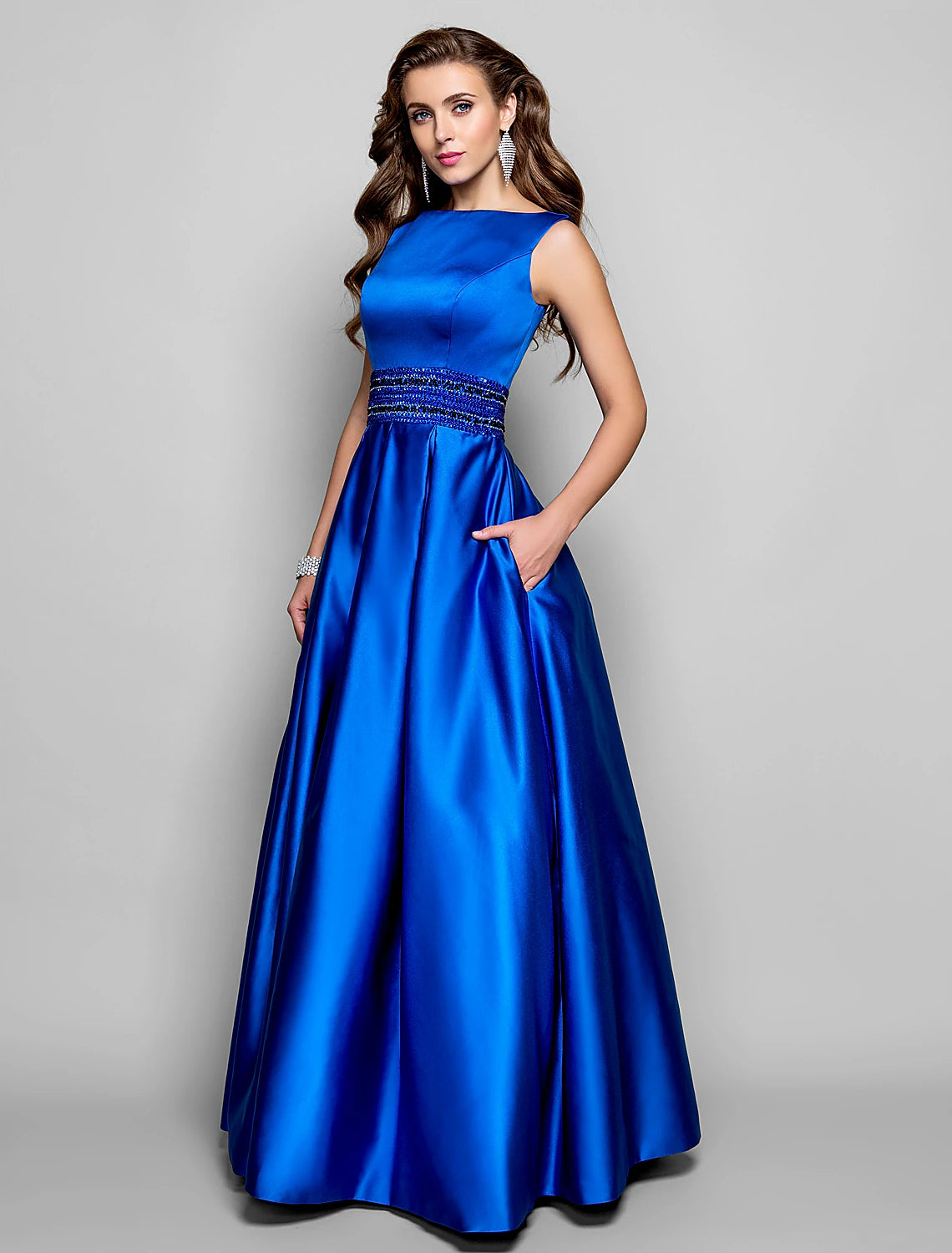 A-Line Elegant Dress Wedding Guest Prom Floor Length Sleeveless Boat Neck  Satin with Pleats Beading