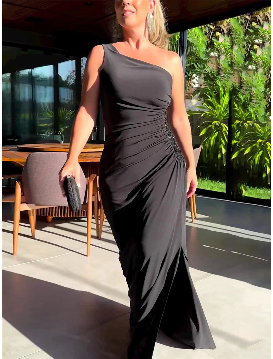 Women‘s Black Dress Prom Dress Party Dress Sheath Dress Long Dress Maxi Dress Sleeveless Drawstring Spring Fall One Shoulder Fashion Evening Party Vacation Black Cocktail Dress