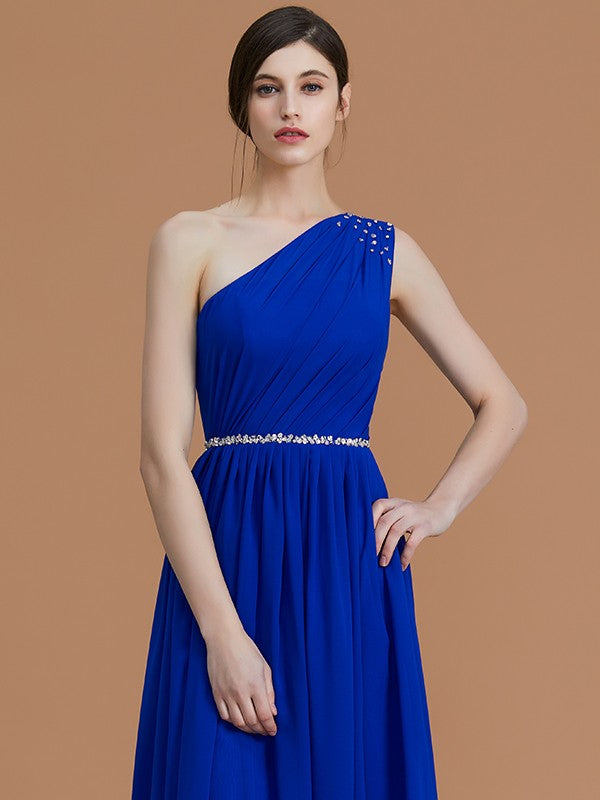 A-Line/Princess One-Shoulder Sleeveless Floor-Length Beading Chiffon Bridesmaid Dresses