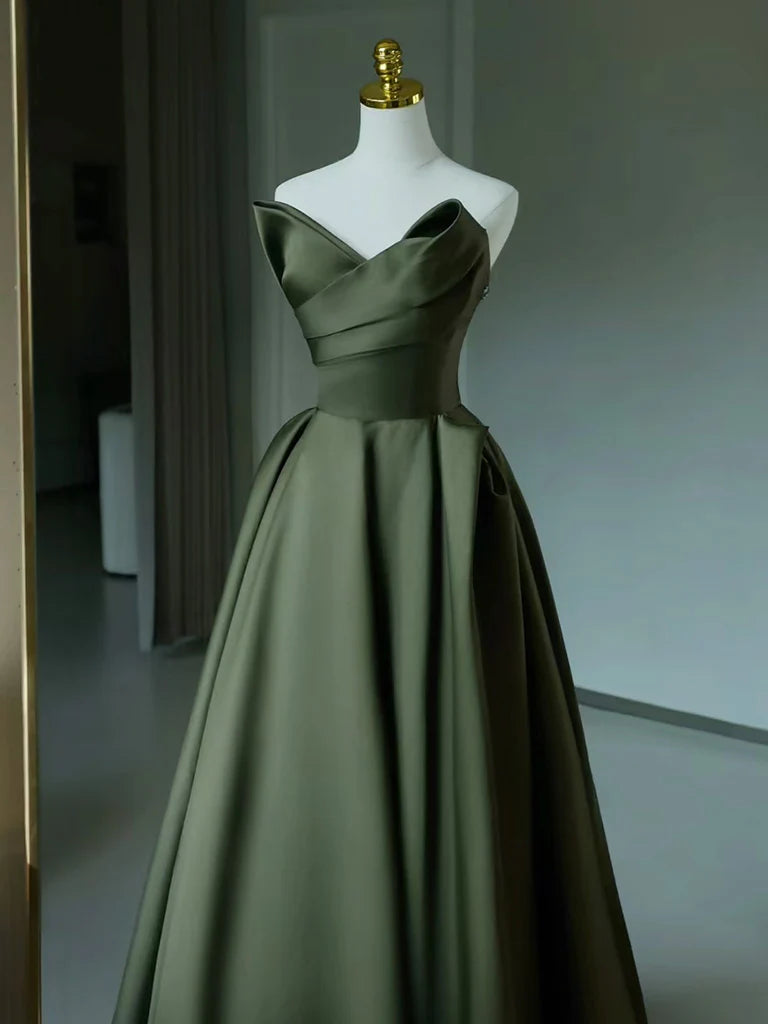 Buyishang A-Line V Neck Satin Green Long Prom Dress Green Long Evening Dress