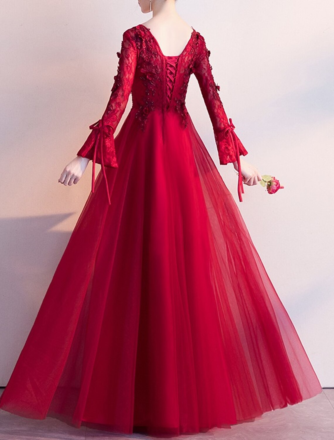 A-Line Prom Dresses Floral Dress Wedding Guest Formal Evening Floor Length Long Sleeve V Neck Lace with Bow(s) Appliques