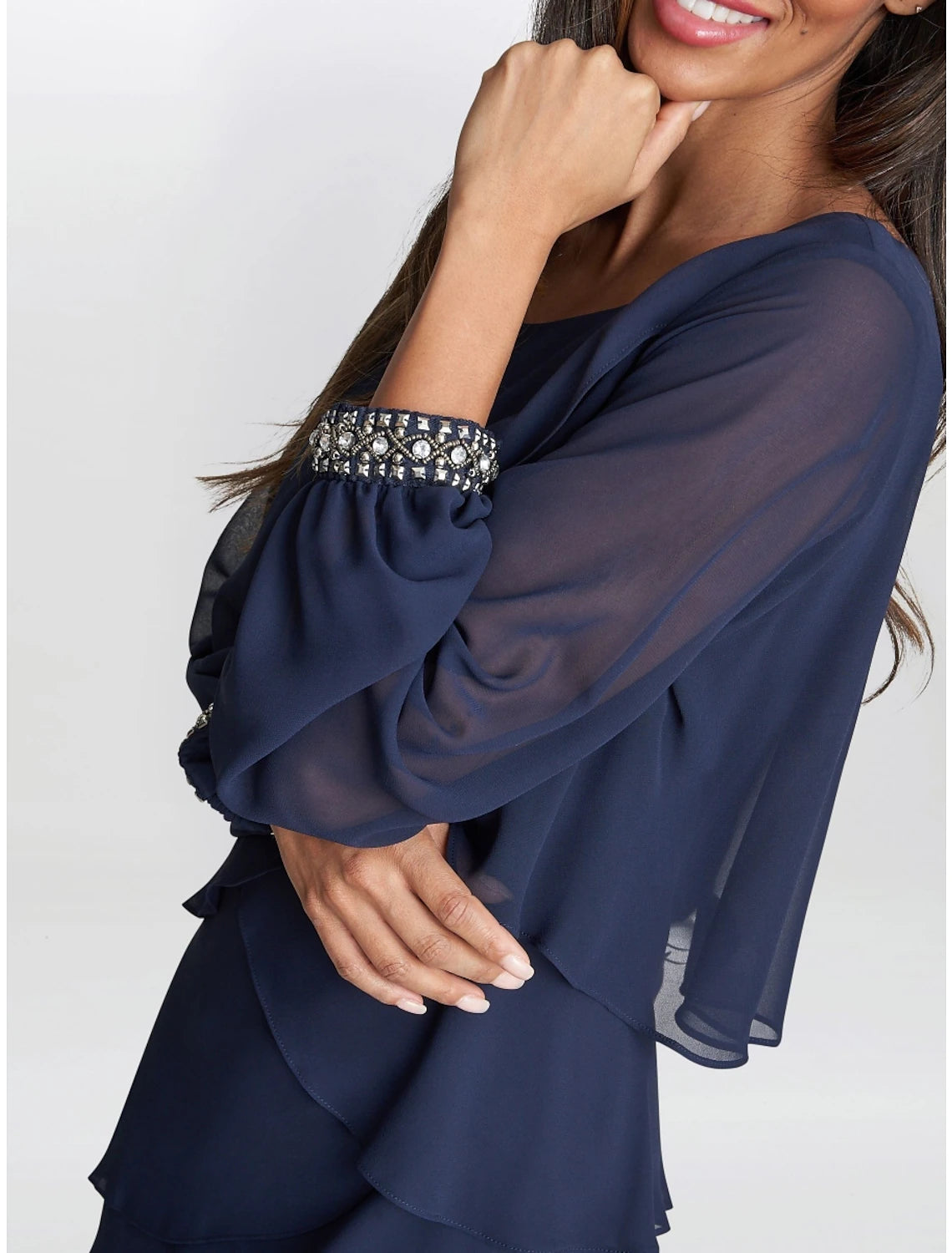 A-Line Mother of the Bride Dress Wedding Guest Elegant Petite Jewel Neck Short / Mini Chiffon Long Sleeve with Crystals Ruffles Tier