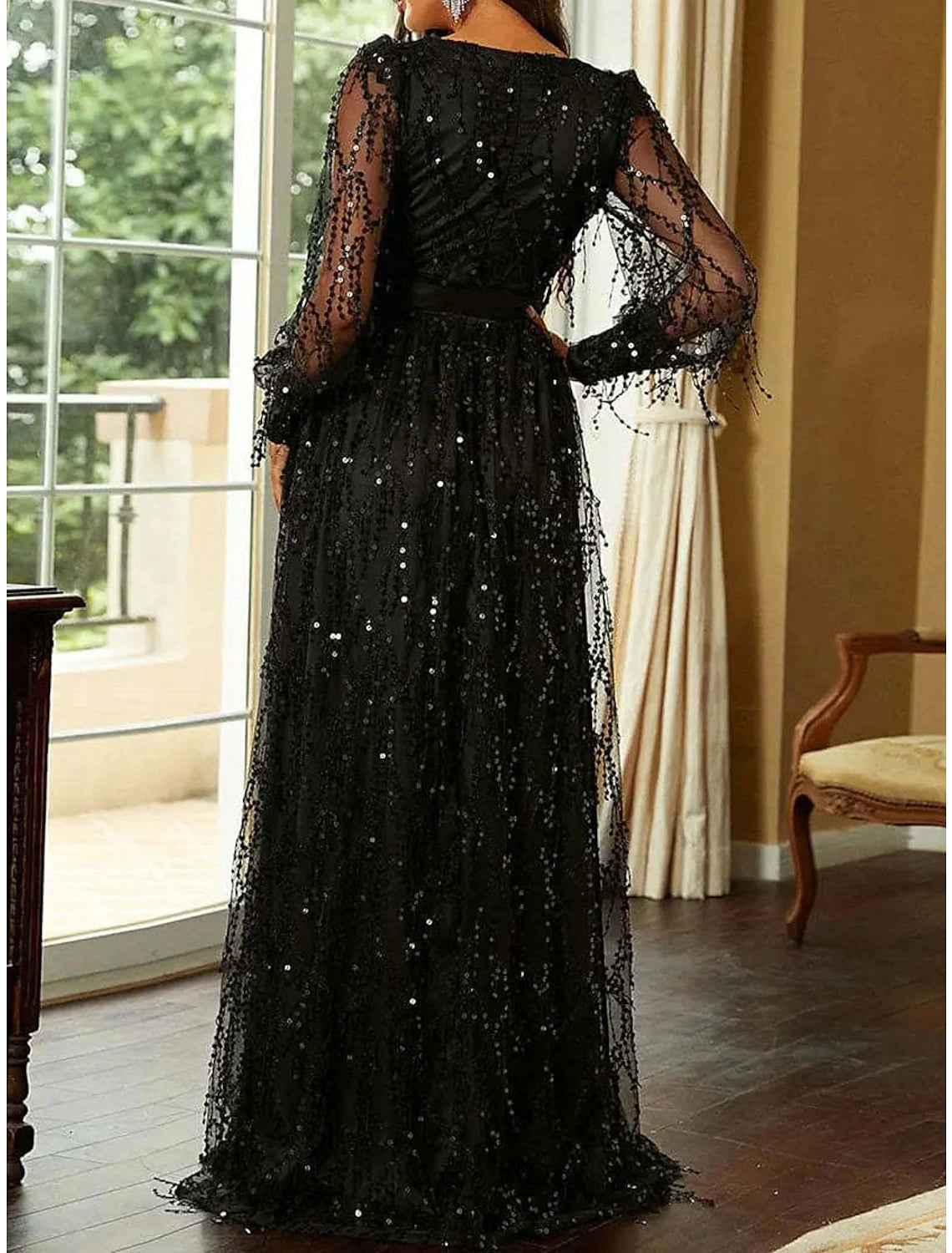 Women's Gold Sequin Dress Gold Dress Prom Dress Party Dress Sparkly Dress Prom Dress Dress Long Dress Maxi Dress Black Red Long Sleeve Spring Fall Winter V Neck Fashion