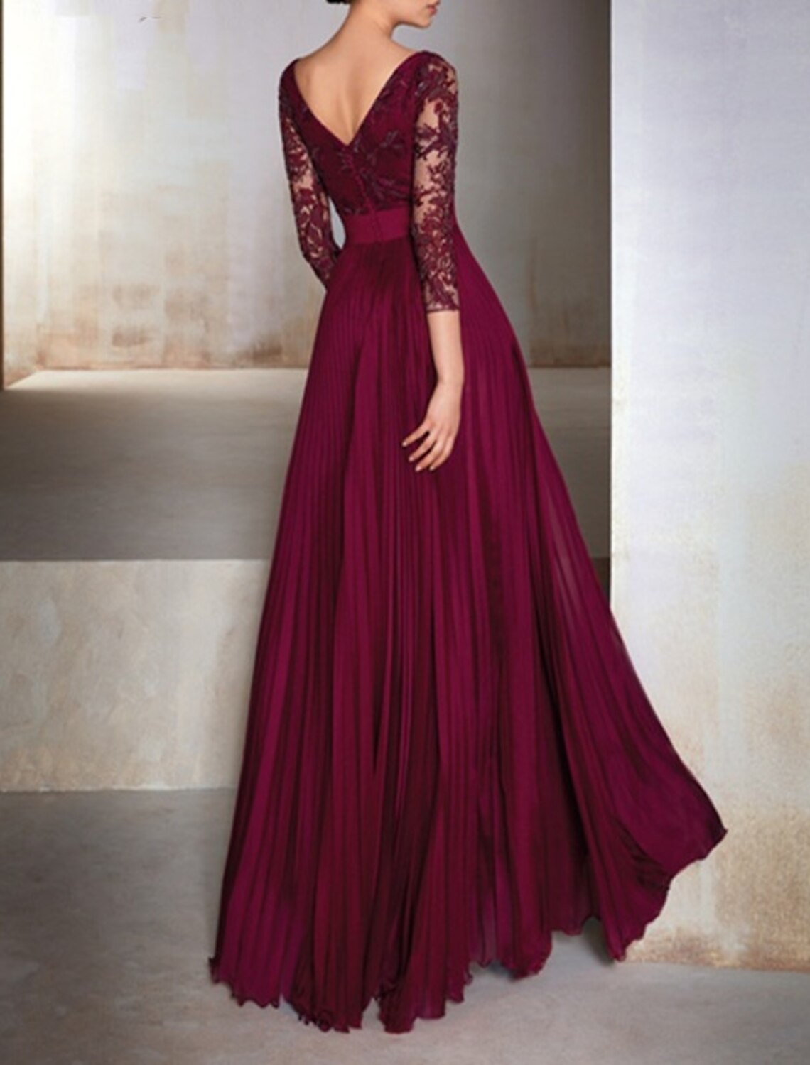 A-Line Mother of the Bride Dress Wedding Guest Elegant V Neck Floor Length Chiffon Lace 3/4 Length Sleeve No with Sash / Ribbon Appliques