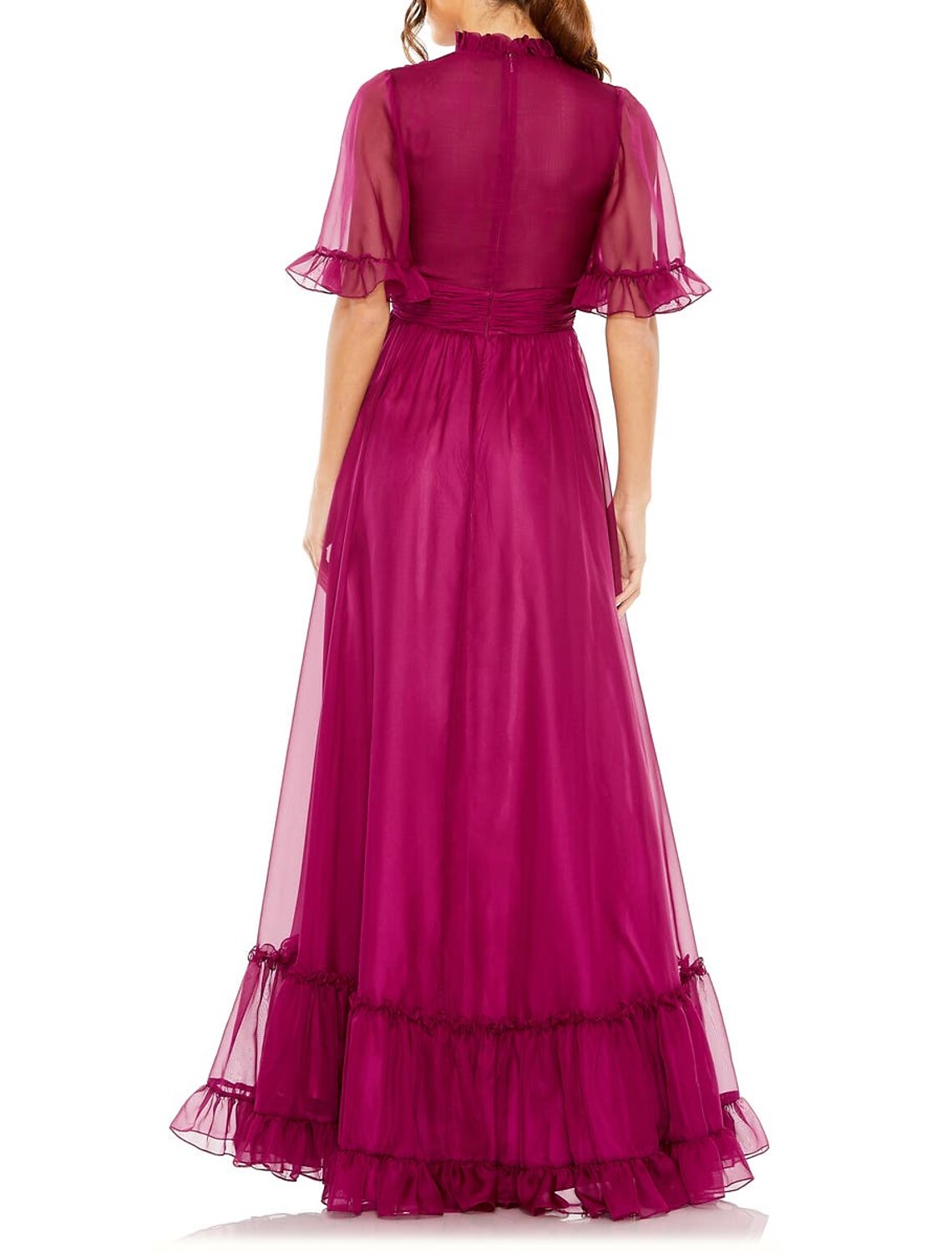 A-Line Evening Gown Elegant Dress Wedding Guest Black Tie Floor Length Short Sleeve High Neck Chiffon with Ruched