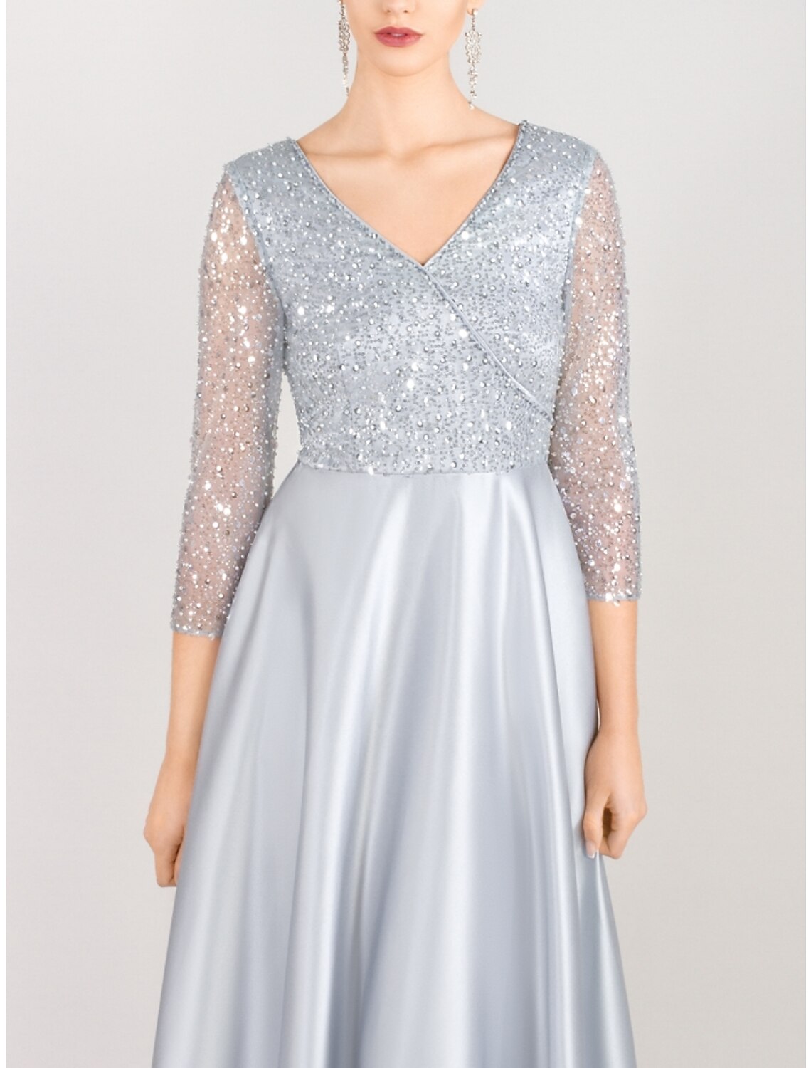 A-Line Mother of the Bride Dress Wedding Guest Elegant V Neck Asymmetrical Satin 3/4 Length Sleeve with Sequin Ruching