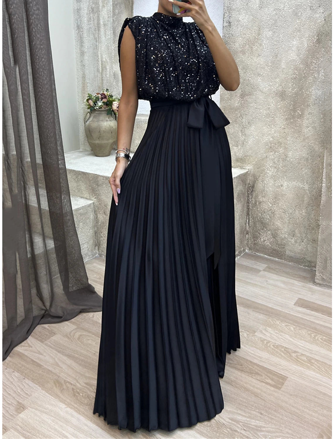 Women's Black Sequin Dress Little Black Dress Prom Dress Party Dress Sparkly Dress Long Dress Maxi Dress Black Sleeveless Spring Fall Winter Crew Neck Evening