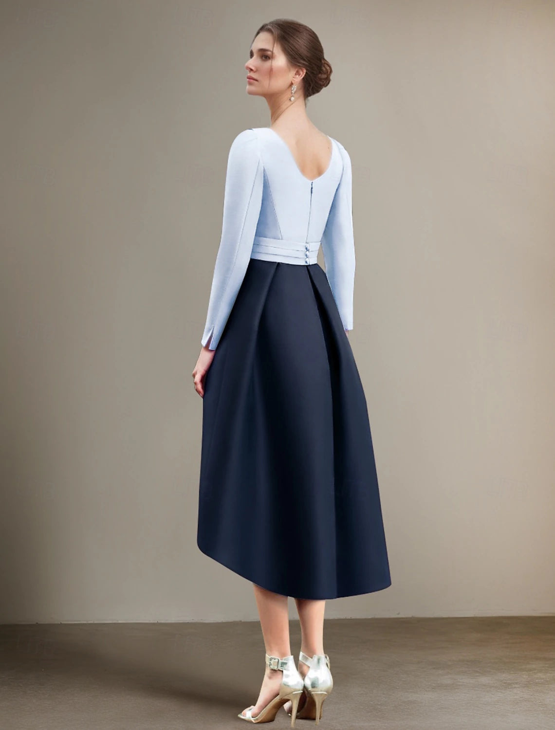 Buyishang A-Line Dress Mother of the Bride Dress Elegant V Neck Asymmetrical Tea Length Satin Long Sleeve with Pleats Color Block free custom size