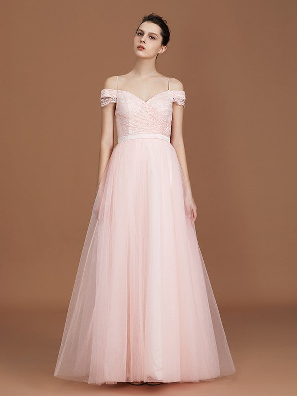A-Line/Princess Short Sleeves Lace Spaghetti Straps Ruched Sweetheart Floor-Length Tulle Bridesmaid Dresses