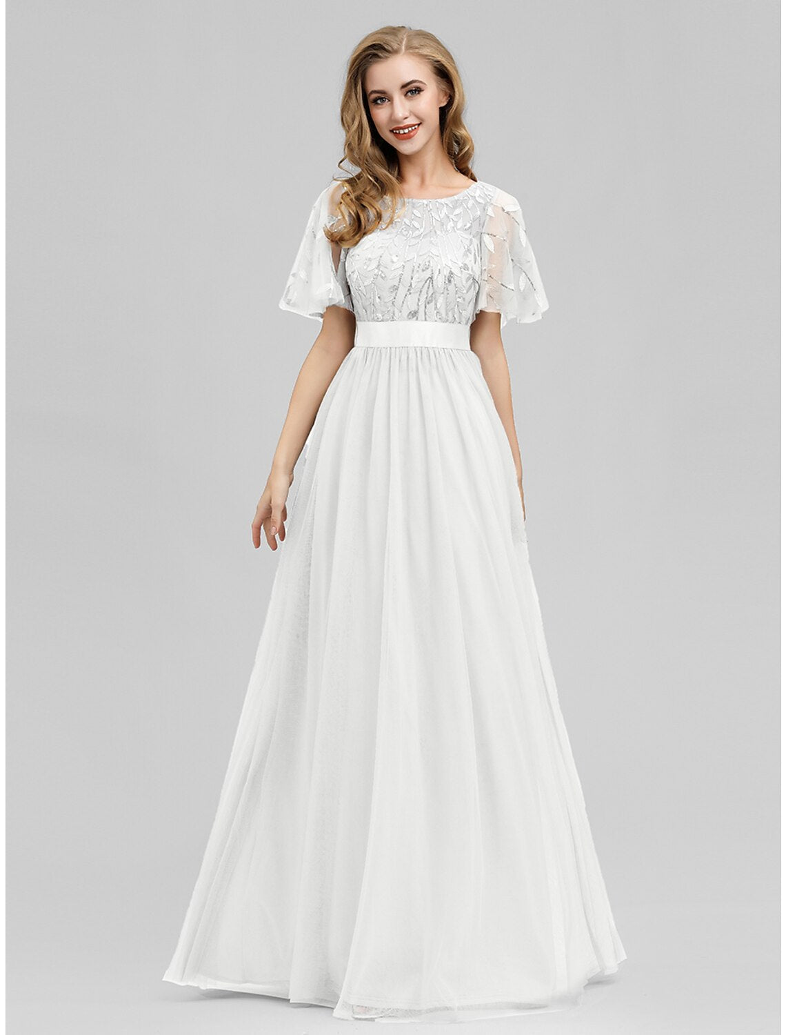 A-Line Prom Dresses Empire Dress Wedding Guest Prom Floor Length Short Sleeve Jewel Neck Bridesmaid Dress Tulle with Sequin Appliques