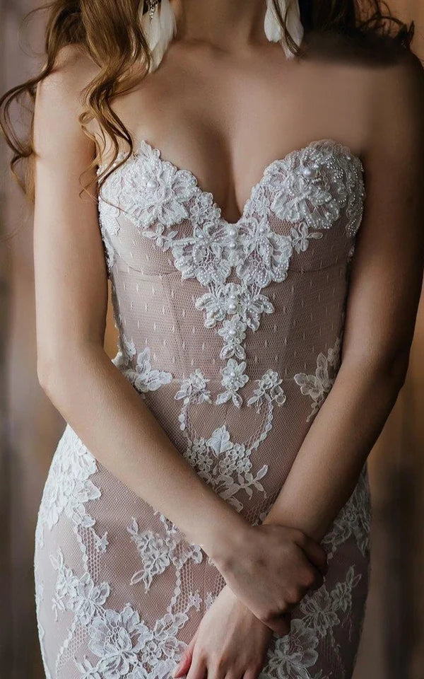 Buyishang Detachable Floral Princess A-Line Boho Lace Wedding Dress Elegant Chic Sweetheart Court Train Ball Gown