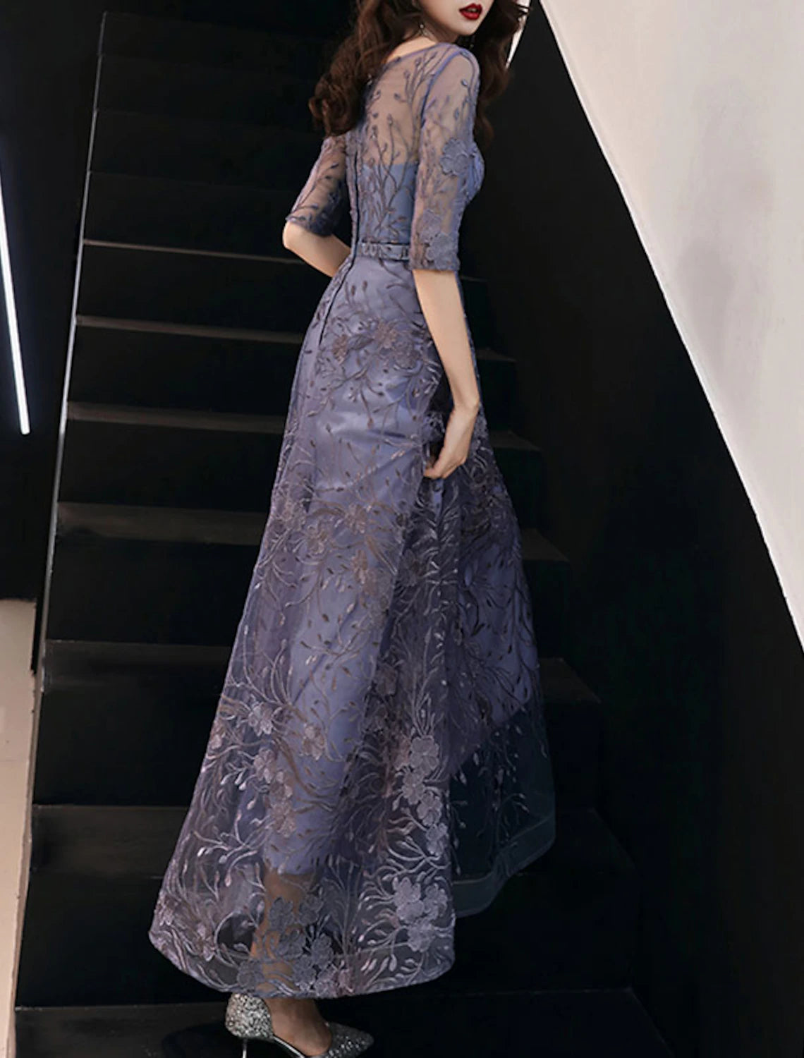 A-Line Evening Gown Floral Dress Wedding Guest Formal Evening Floor Length Half Sleeve Jewel Neck Tulle with Embroidery Pattern / Print