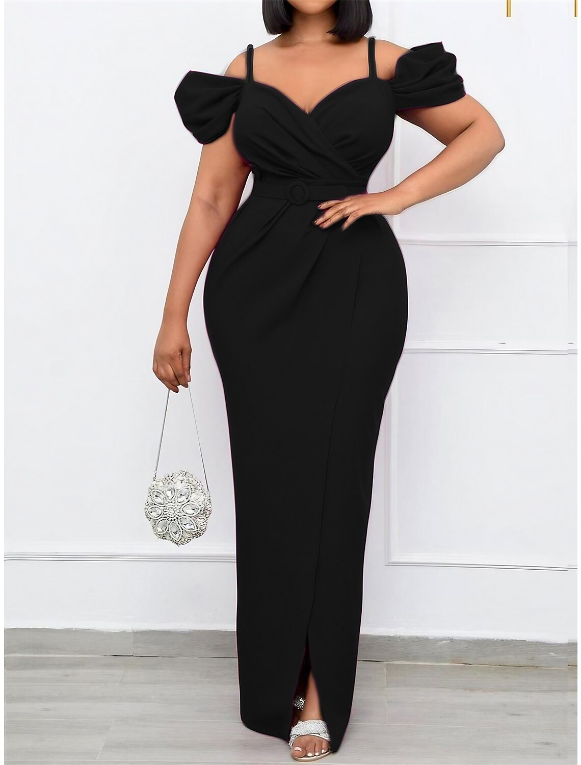 Women's Little Black Dress Prom Dress Party Dress Long Dress Maxi Dress Black Red Rose Short Sleeve Pure Color Ruched Spring Fall Winter Spaghetti Strap Fashion Winter Dress Wedding Guest