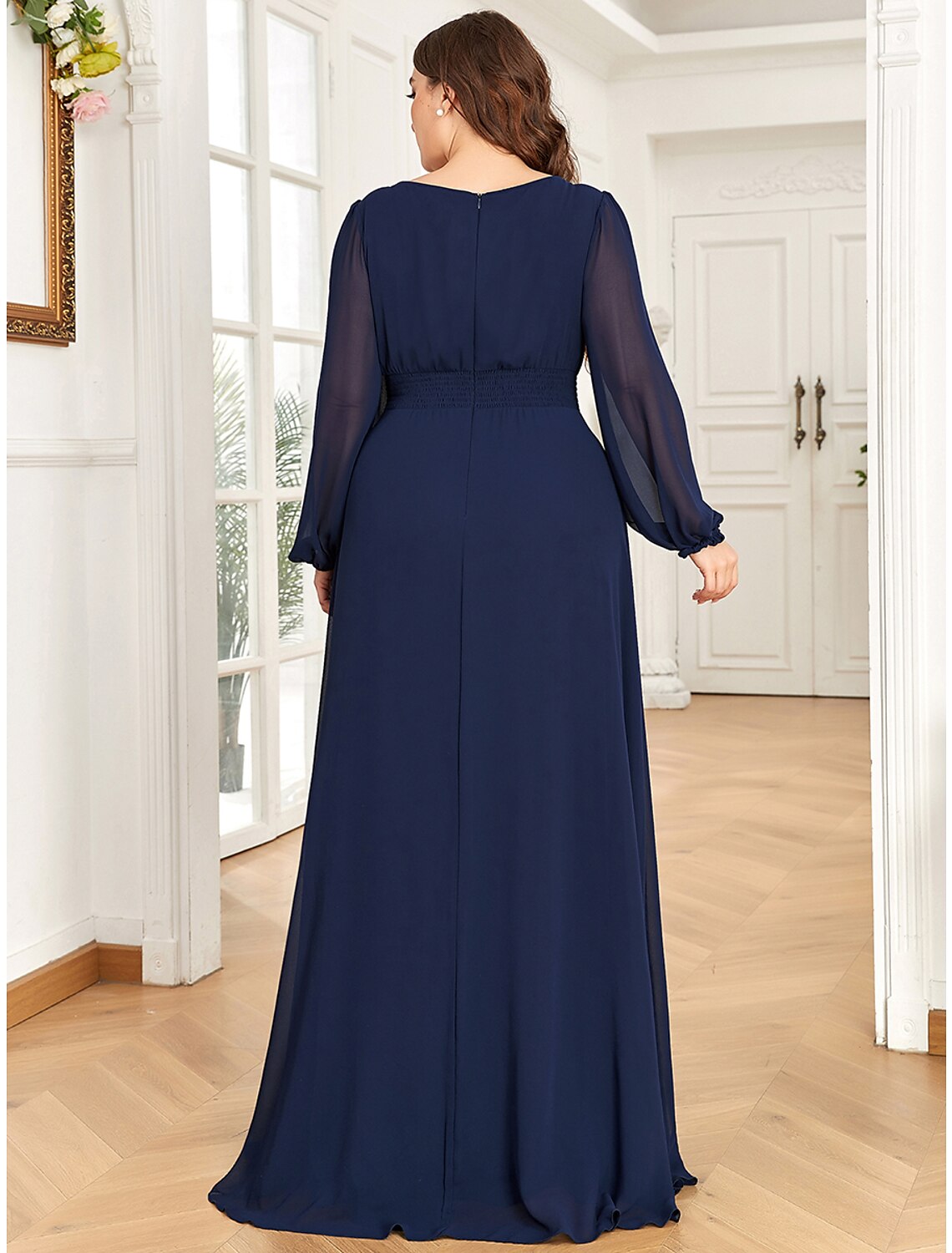 A-Line Elegant Vintage Formal Evening Dress Jewel Neck Long Sleeve Floor Length Chiffon with Draping Pure Color