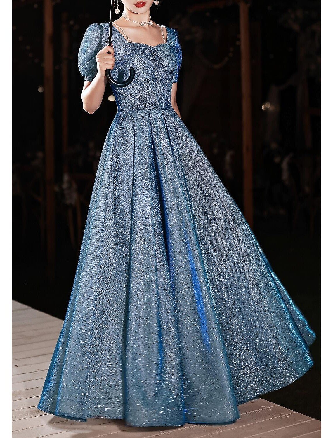 A-Line Beautiful Back Elegant Prom Formal Evening Dress Sweetheart Neckline Short Sleeve Floor Length Satin with Pleats Beading