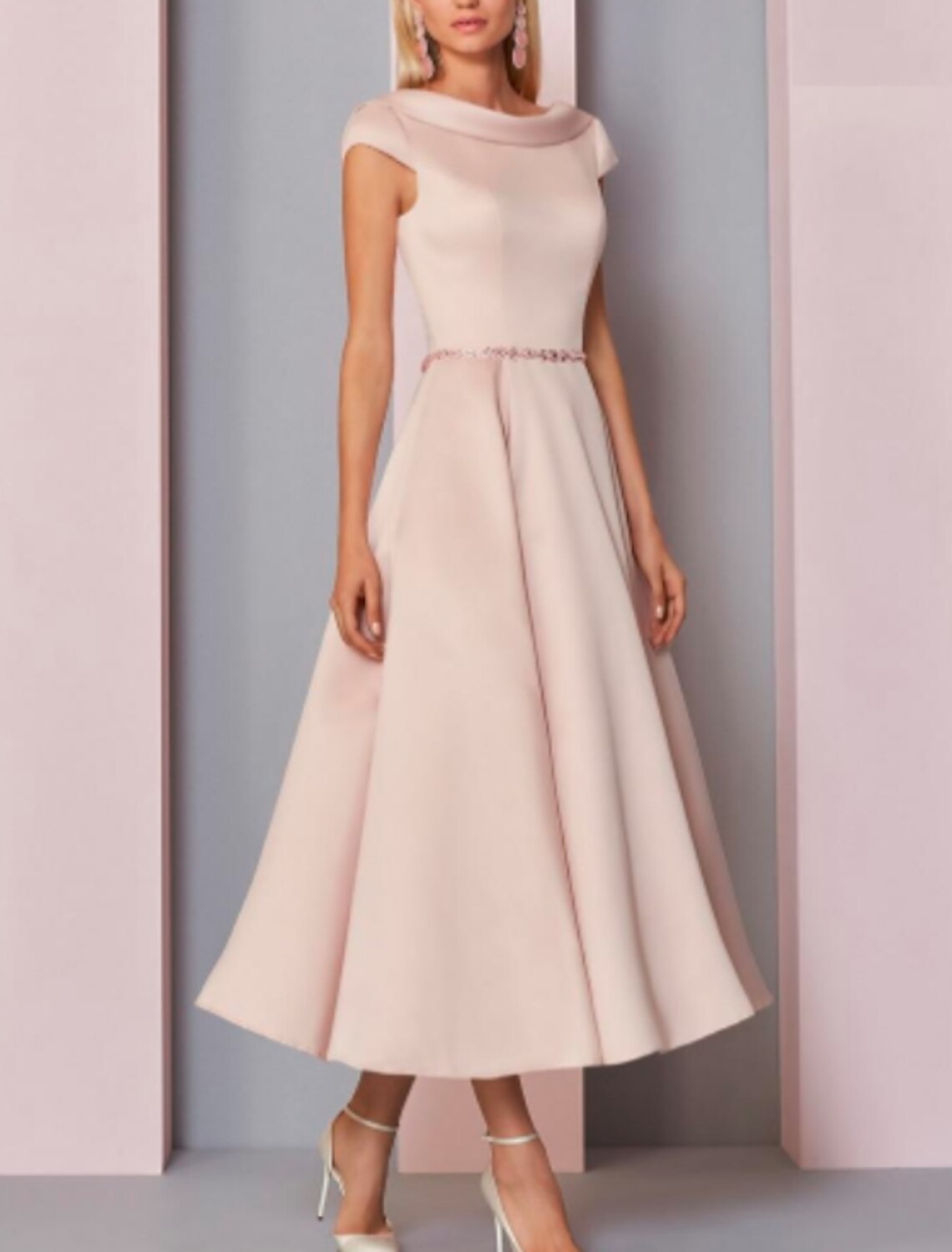 A-Line Mother of the Bride Dress Wedding Guest Plus Size Cowl Neck Ankle Length Satin Short Sleeve with Crystals