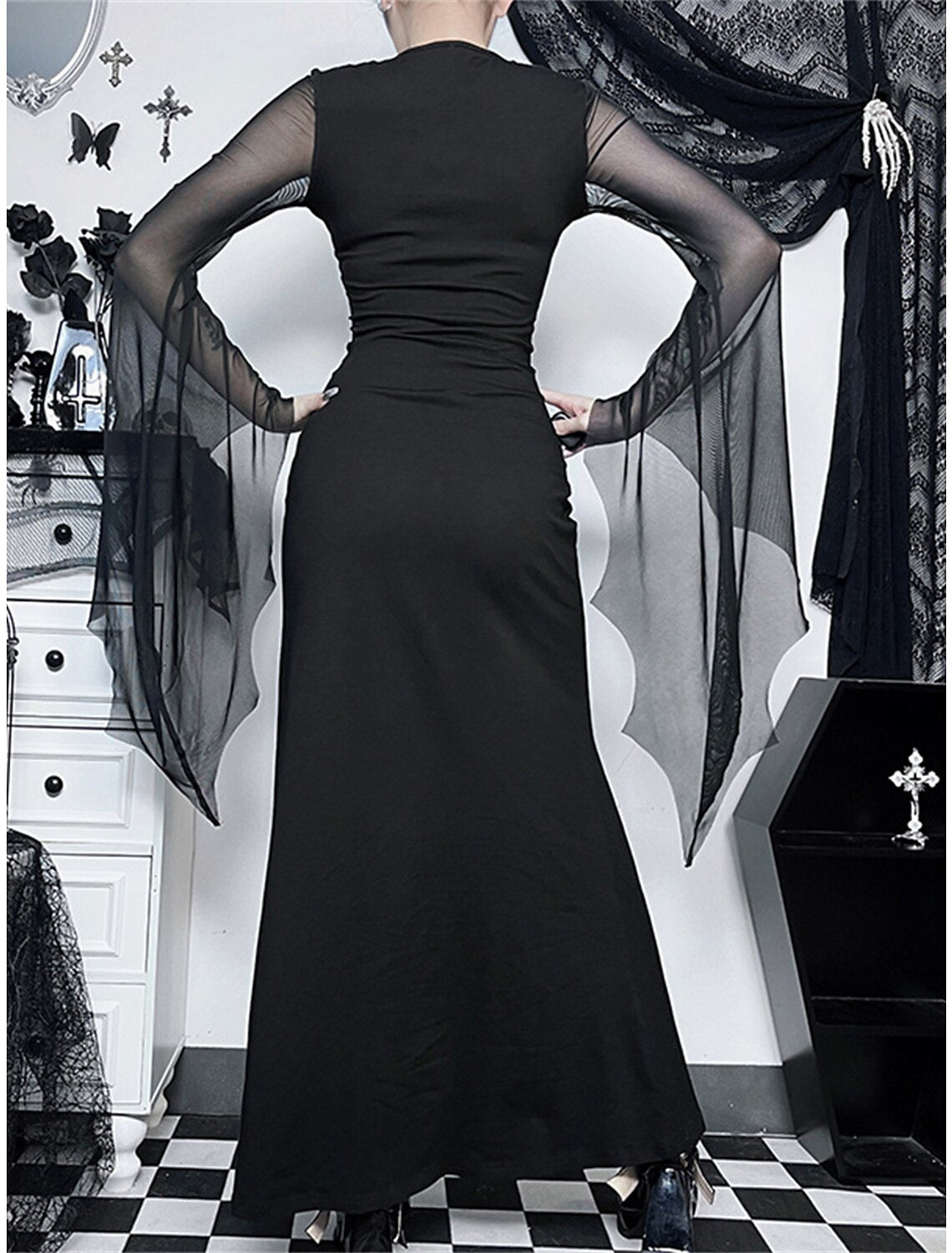 Women's Prom Dress Party Dress Sheath Dress Long Dress Maxi Dress Black Long Sleeve Pure Color Mesh Spring Fall Winter V Neck Fashion Halloween Evening Party Vacation