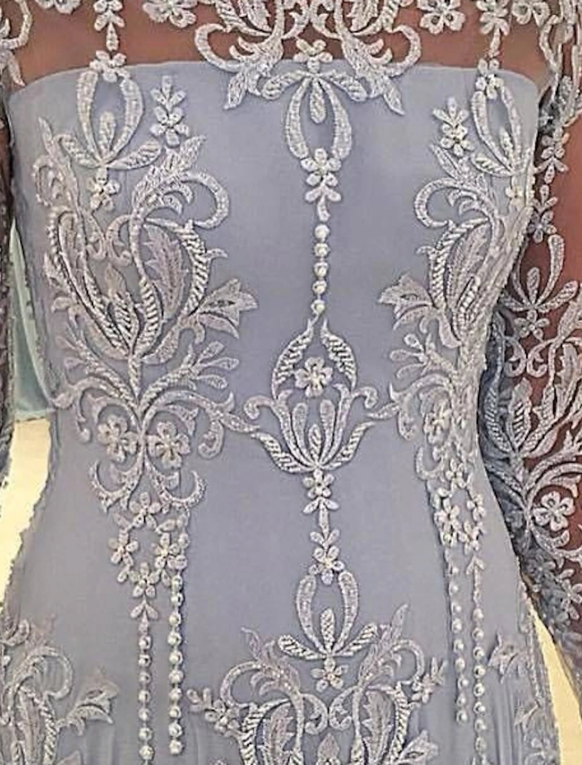 A-Line Mother of the Bride Dress Fall Wedding Guest Elegant Scalloped Neckline Sweep / Brush Train Polyester Long Sleeve with Pleats Appliques