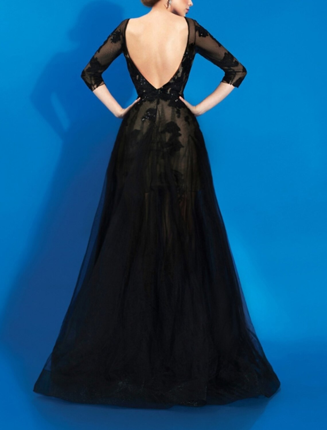 A-Line Beautiful Back Floral Engagement Formal Evening Dress Jewel Neck V Back 3/4 Length Sleeve Floor Length Tulle with Appliques