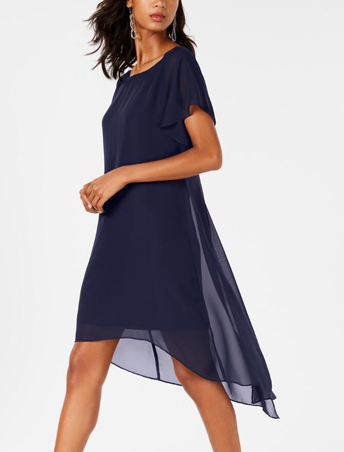 Sheath / Column Mother of the Bride Dress Plus Size Jewel Neck Knee Length Chiffon Short Sleeve with Tier