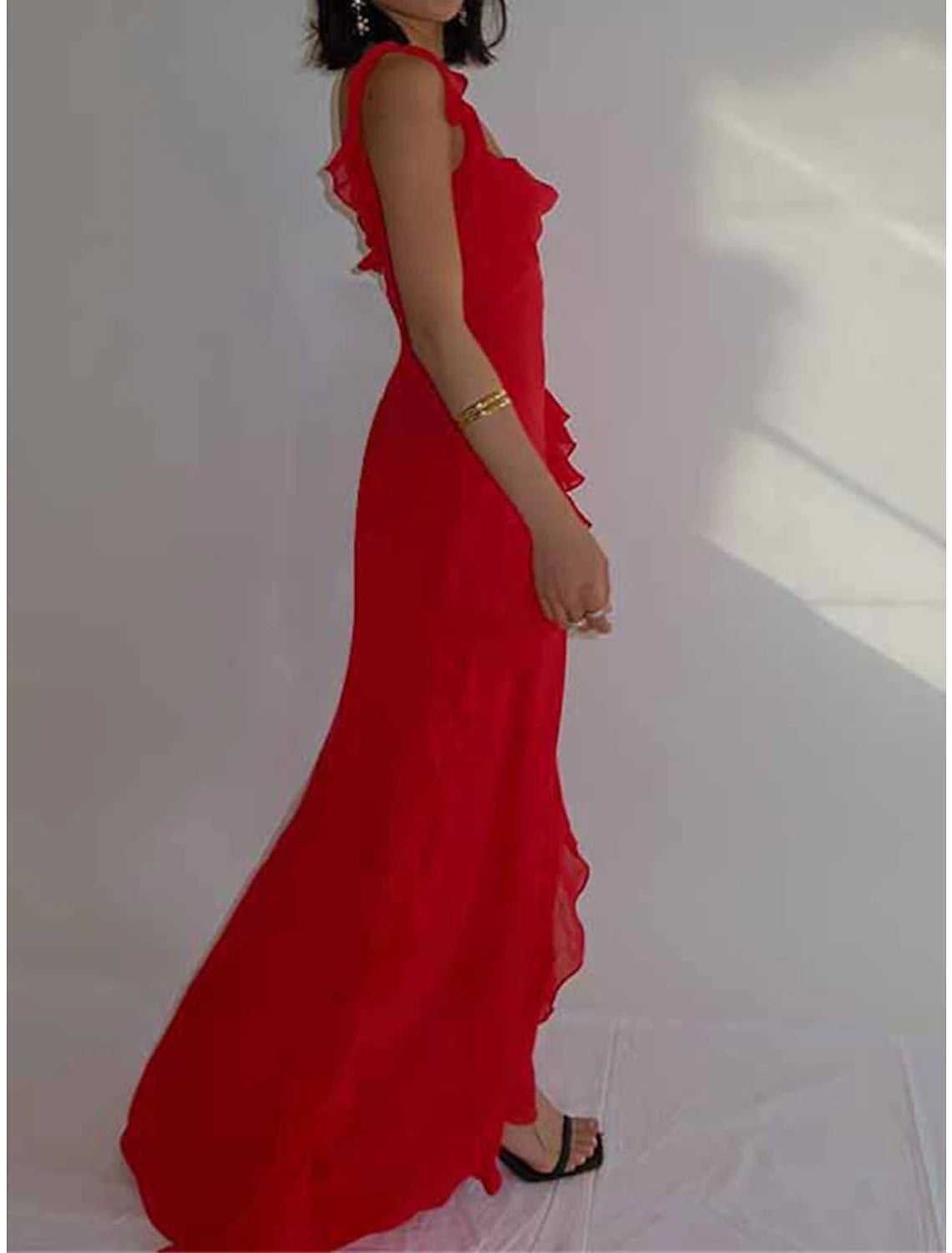 Women's Christmas Prom Dress Party Dress New Year's Eve Dress Sheath Dress Long Dress Maxi Dress Black Red Light Blue Sleeveless Ruffle Spring Fall Winter Spaghetti Strap