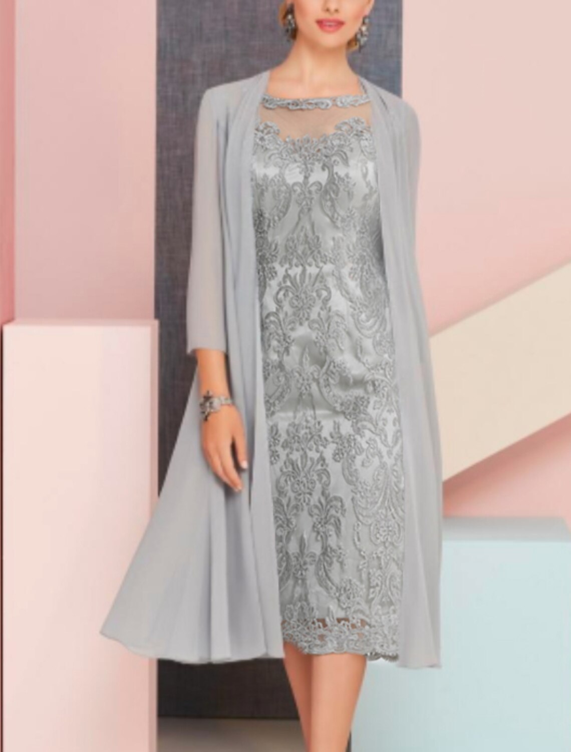 Two Piece Mother of the Bride Dress Church Vintage Plus Size Sexy Jewel Neck Tea Length Chiffon 3/4 Length Sleeve with Lace