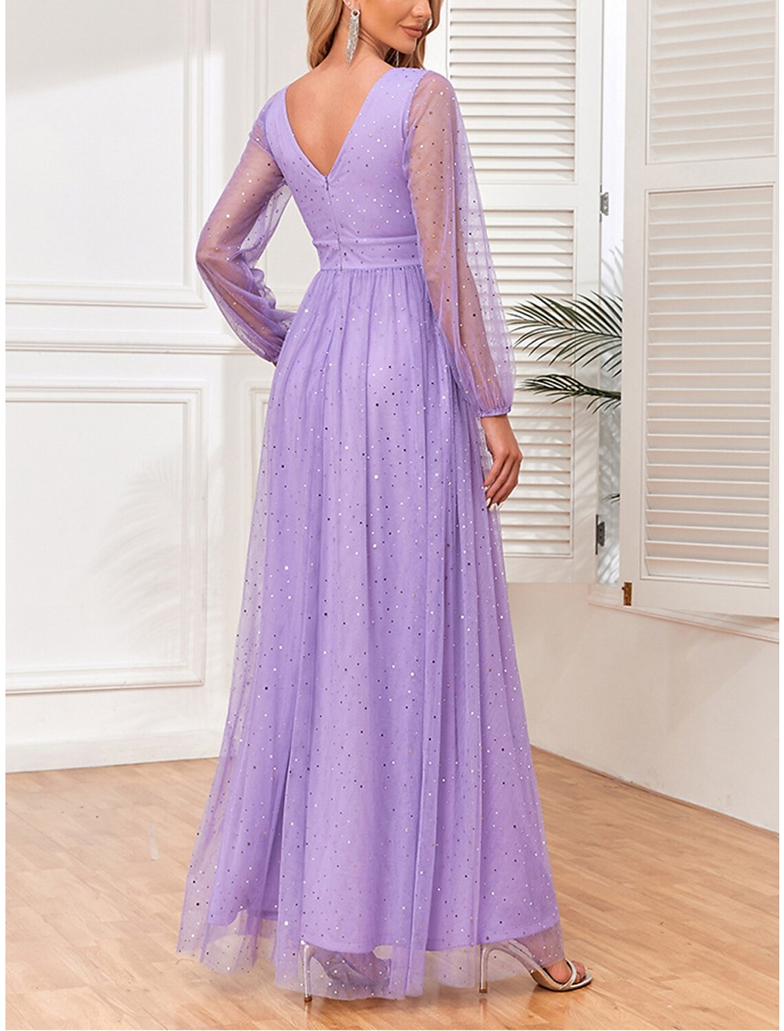 Women's Sequin Dress Prom Dress Party Dress Sparkly Dress Long Dress Maxi Dress Purple Long Sleeve Sparkly Glitter Fall Winter V Neck Fashion Evening Party