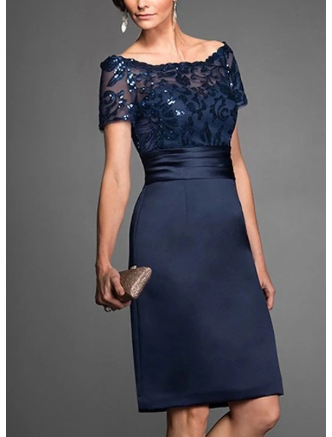 Sheath / Column Mother of the Bride Dress Wedding Guest Elegant Off Shoulder Knee Length Chiffon Lace Tulle Short Sleeve with Lace Sequin Fall