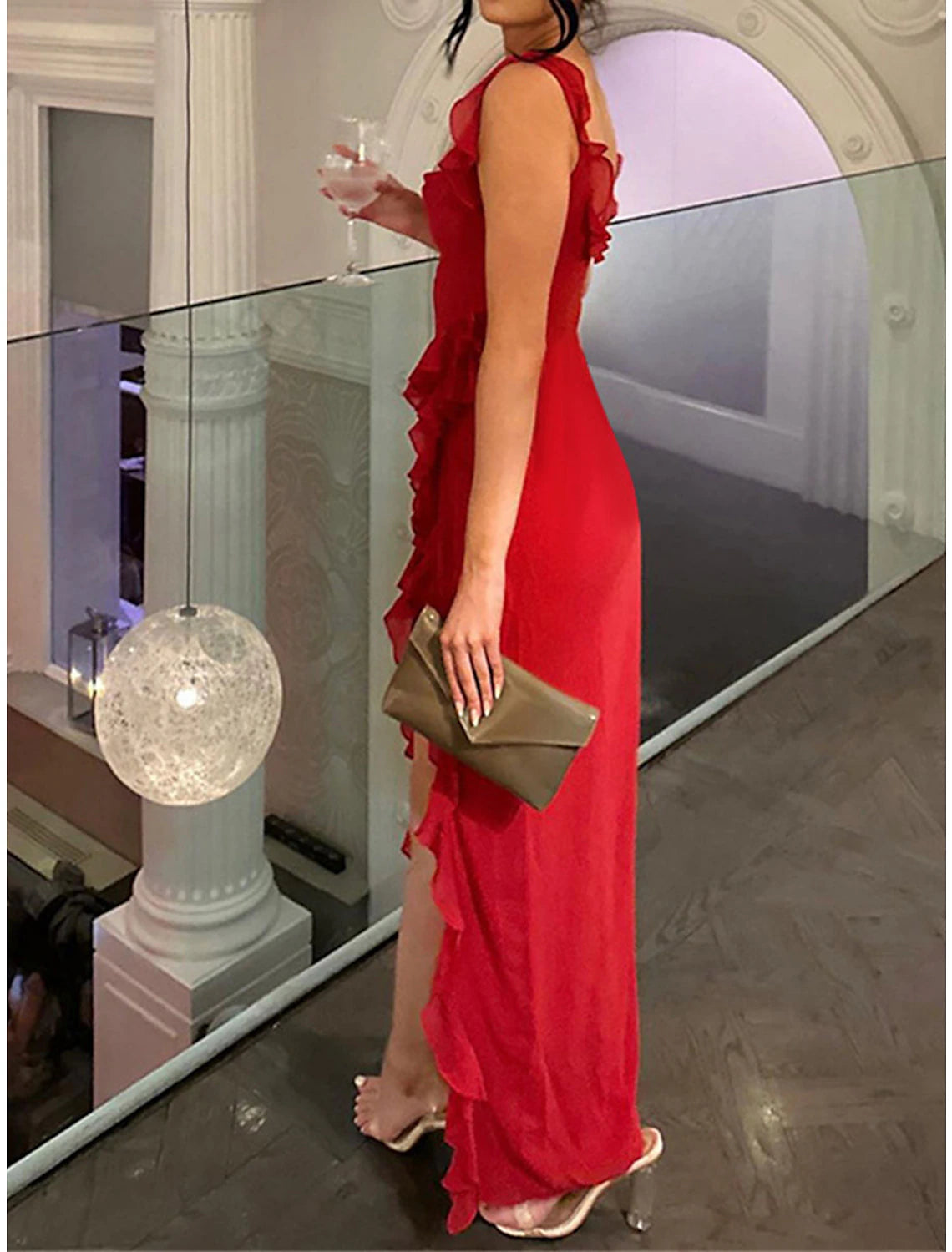 Women's Christmas Prom Dress Party Dress New Year's Eve Dress Sheath Dress Long Dress Maxi Dress Black Red Light Blue Sleeveless Ruffle Spring Fall Winter Spaghetti Strap