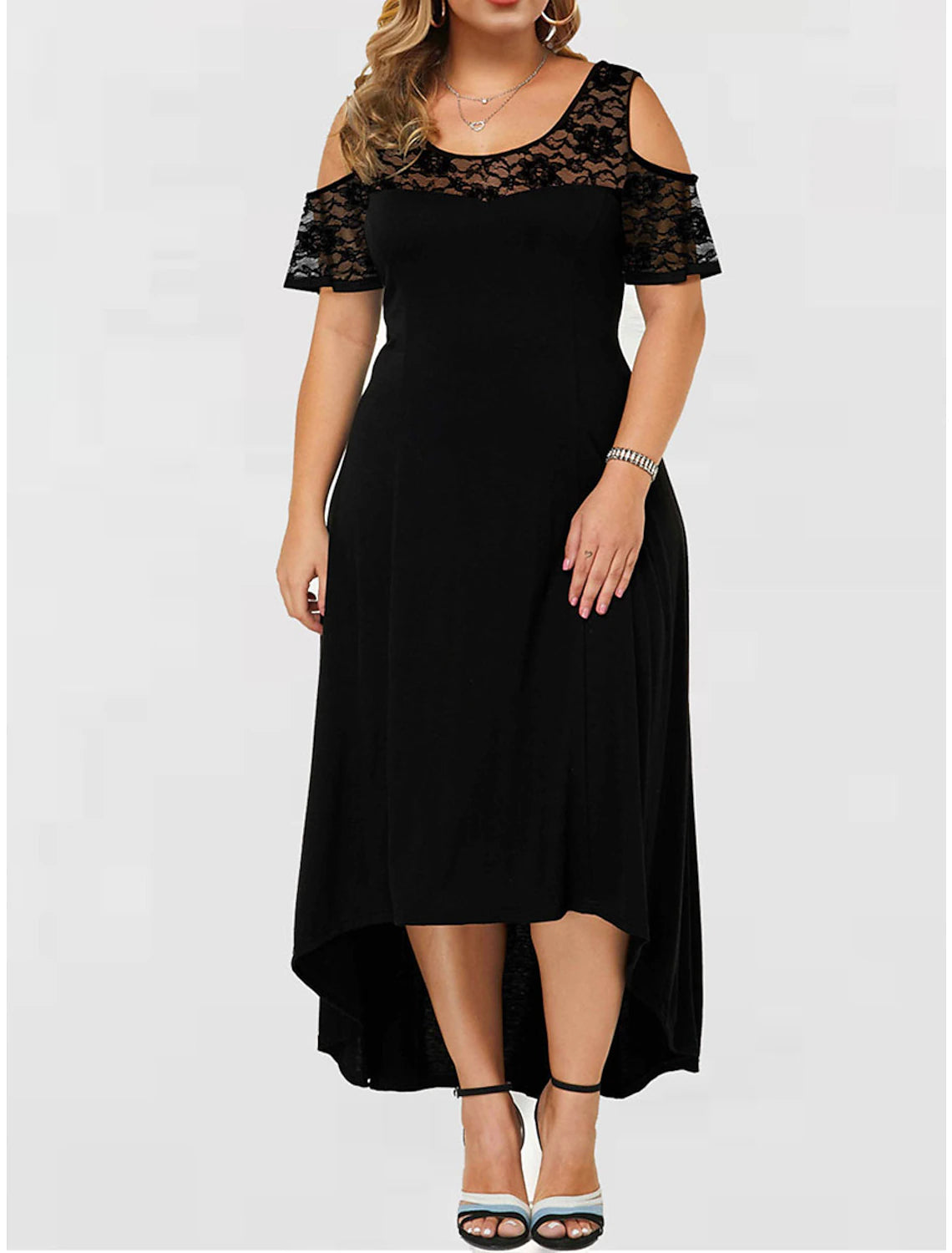 Women's Plus Size Curve Party Dress Lace Dress A Line Dress Solid Color Long Dress Maxi Dress Short Sleeve Lace Crew Neck Modern Party Black Red Spring Summer