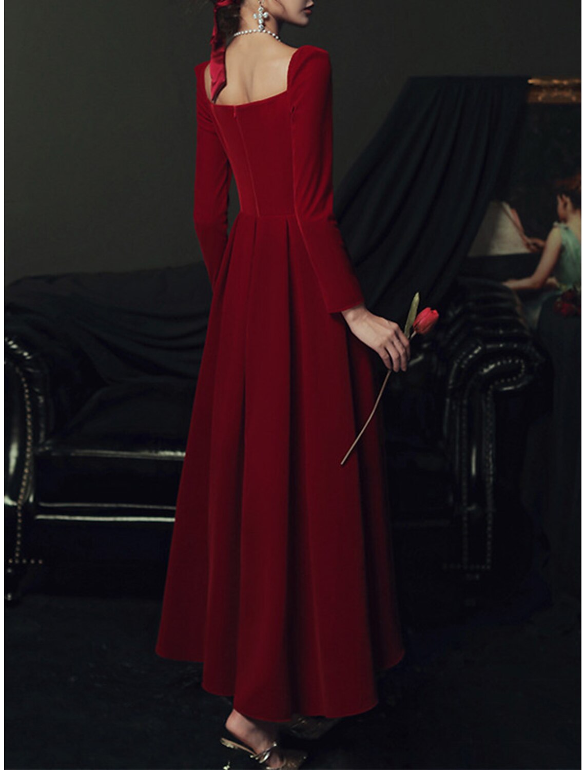 A-Line Prom Dresses Vintage Dress Prom Formal Evening Ankle Length Long Sleeve Square Neck Velvet with Pleats