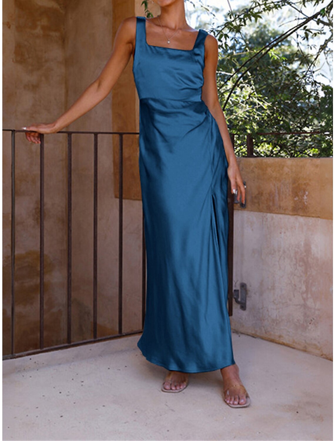 Women's Prom Dress Party Dress Wedding Guest Dress Long Dress Maxi Dress Black Blue Fuchsia Sleeveless Plain Ruched Summer Spring Fall Square Neck Elegant Wedding Guest Birthday Evening Party