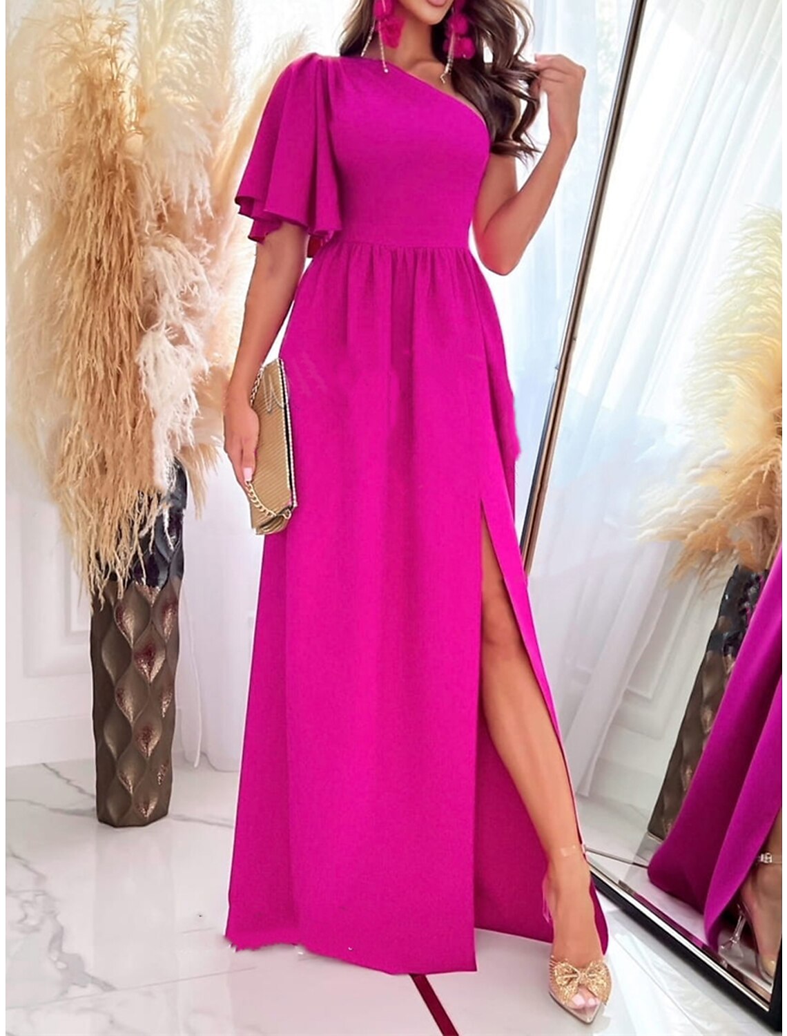 Women's Red Christmas Party Dress Prom Dress Satin Dress New Year's Eve Dress Long Dress Black Red Fuchsia Short Sleeve Ruffle One Shoulder Birthday