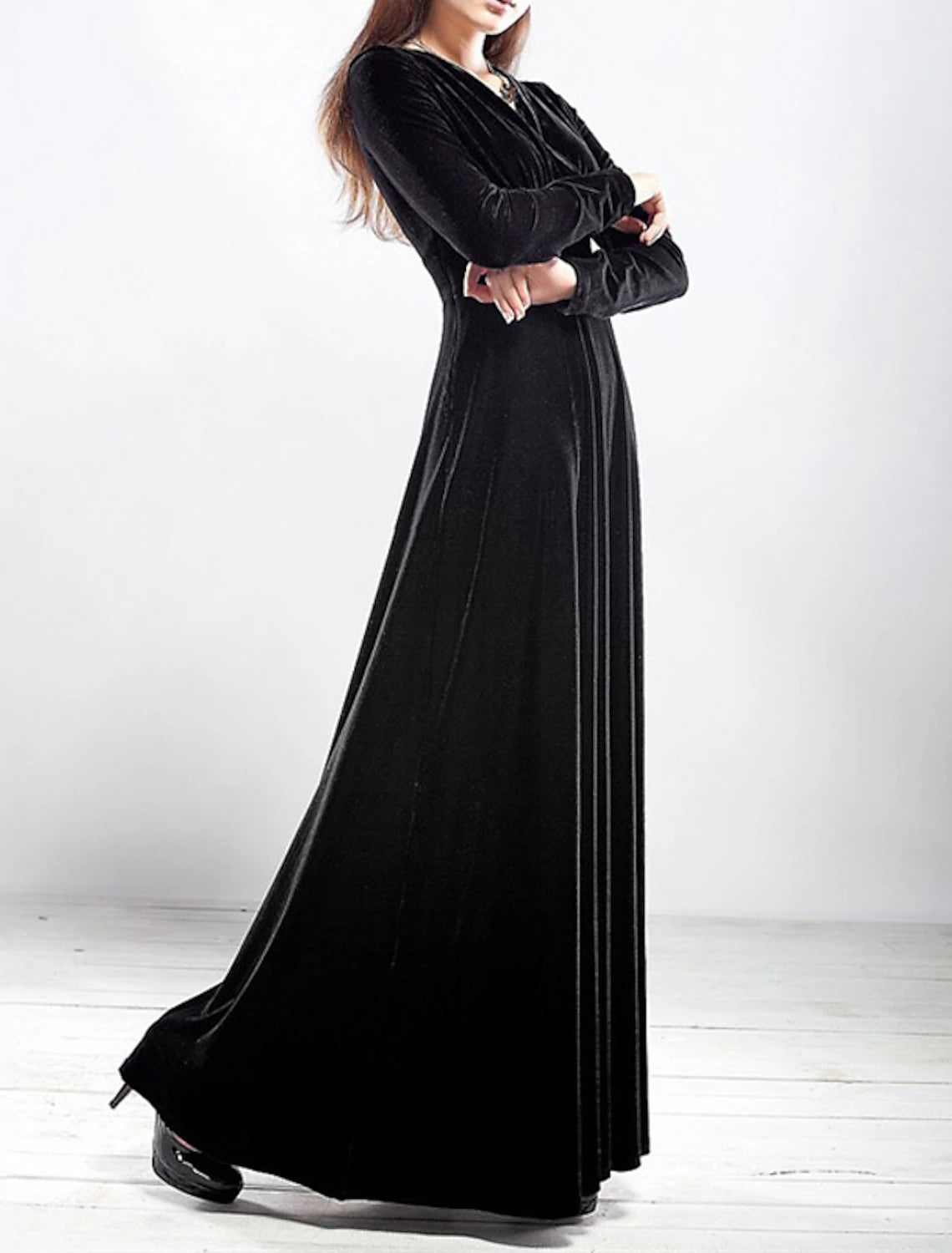 Women's Party Dress Wedding Guest Dress Velvet Dress Long Dress Maxi Dress Black Wine Royal Blue Long Sleeve Pure Color Ruched Fall Spring V Neck Fashion Party Winter Dress