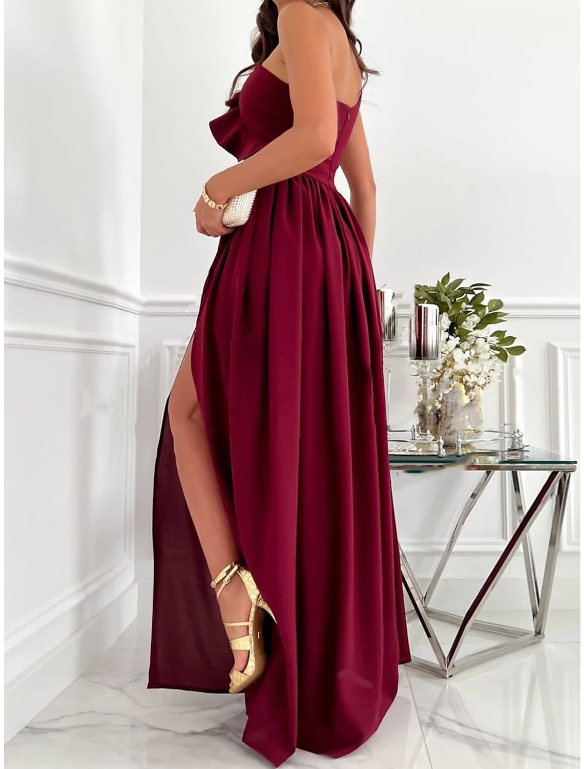 Women's Party Dress Homecoming Dress Swing Dress Long Dress Maxi Dress Wine Red Green Sleeveless Pure Color Patchwork Summer Spring Cold Shoulder Stylish Wedding Guest