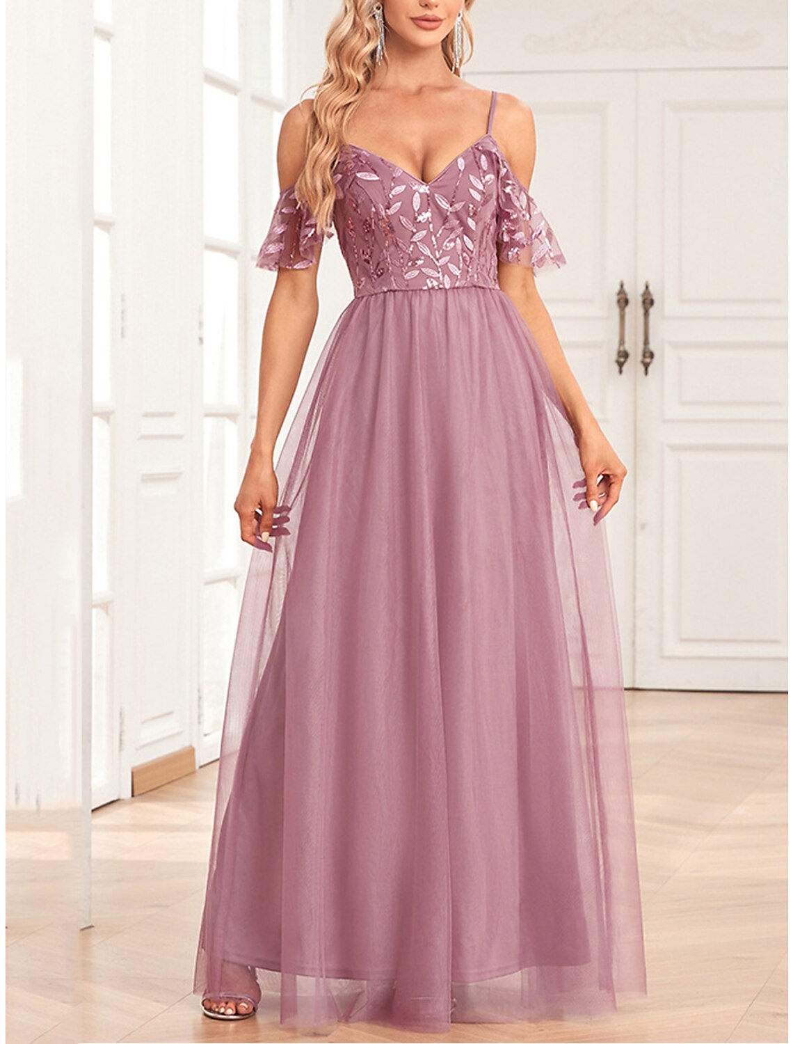 Women's Pink Sequin Dress Prom Dress Party Dress Sparkly Dress Long Dress Maxi Dress Short Sleeve Sparkly Glitter Fall Winter Spaghetti Strap Fashion Evening Party