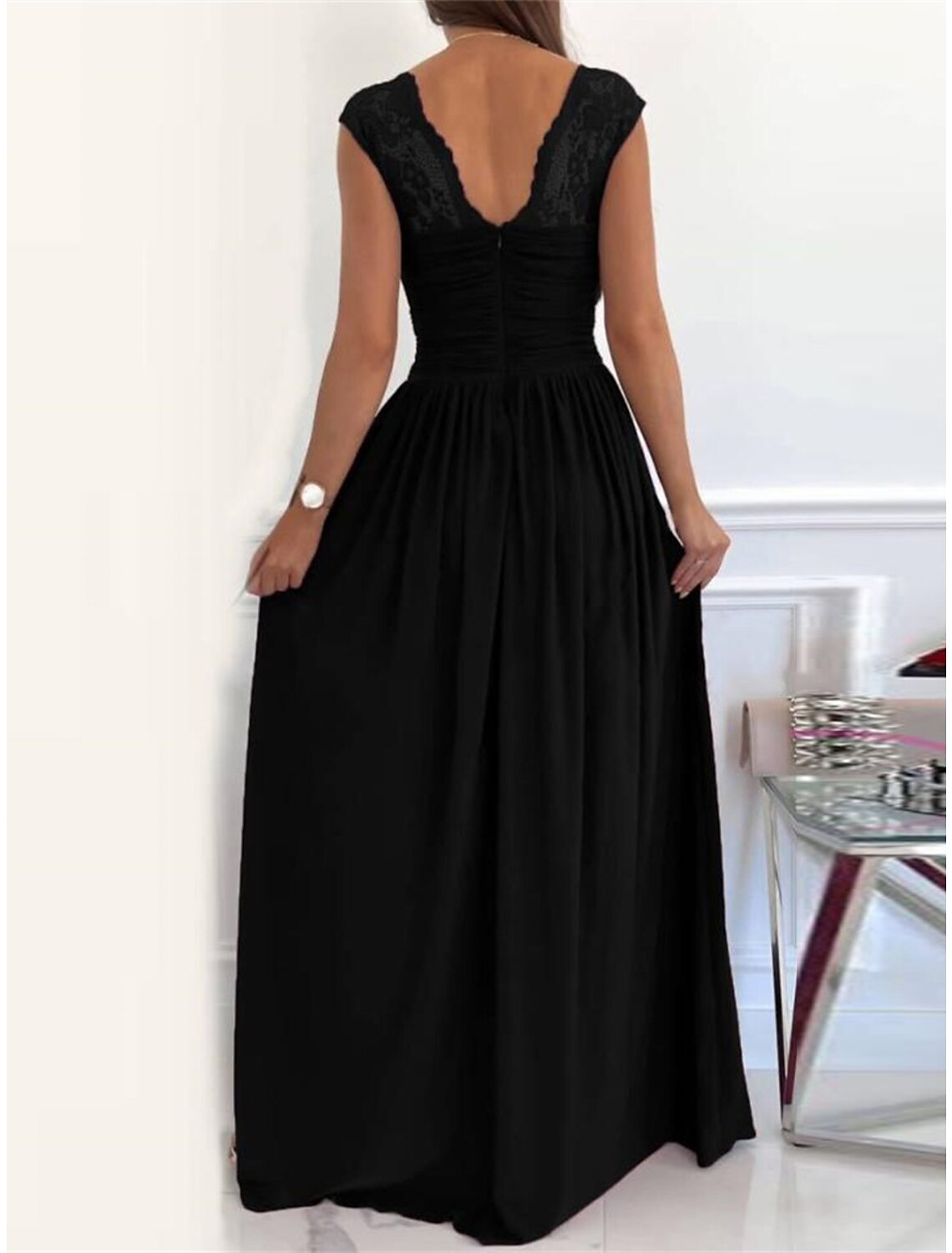 Women‘s Black Dress Prom Dress Lace Dress Maxi Dress Black Pink Wine Sleeveless Lace Spring Fall Winter V Neck Fashion Black Cocktail Dress