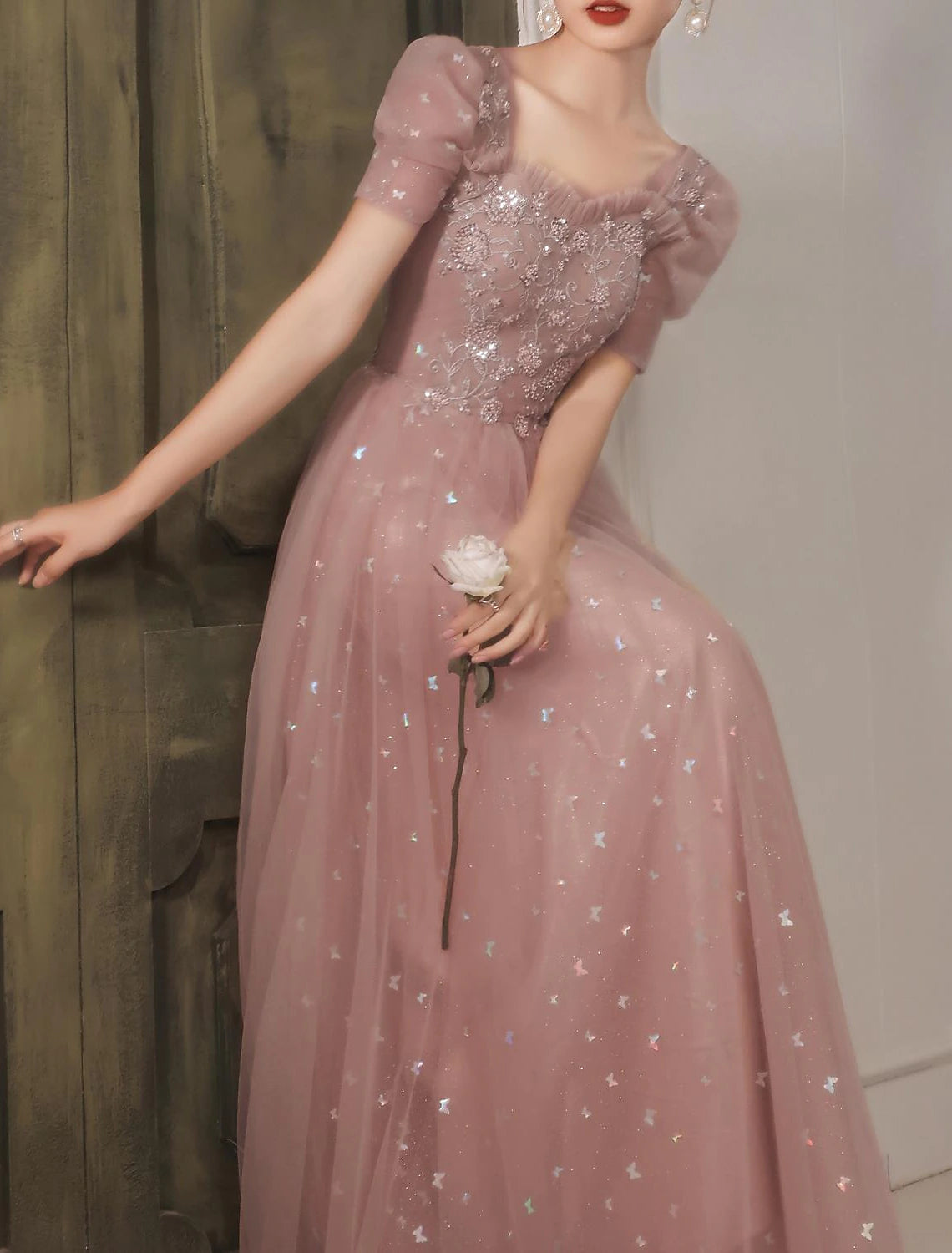 A-Line Prom Dresses Elegant Dress Wedding Guest Prom Floor Length Short Sleeve Sweetheart Tulle V Back with Beading Appliques