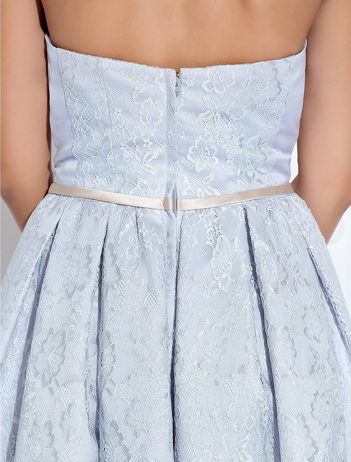 A-Line Strapless Tea Length Lace / Satin Dress with Lace / Sash / Ribbon