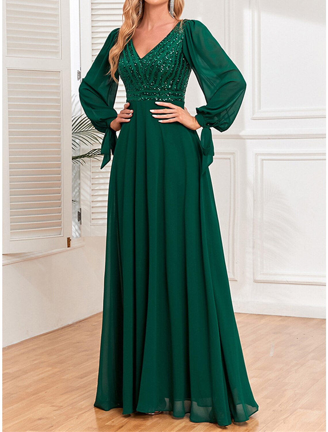 Women's Sequin Dress Prom Dress Party Dress Sparkly Dress Long Dress Maxi Dress Green Long Sleeve Fall Winter V Neck Fashion Evening Party
