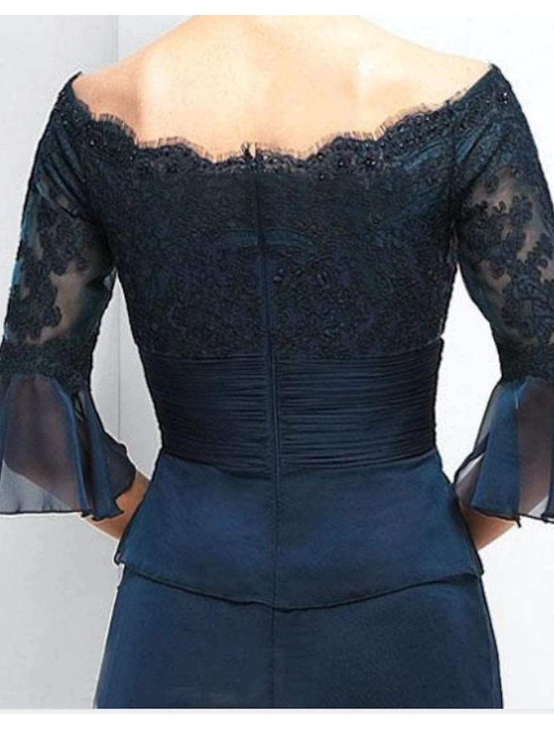 A-Line Mother of the Bride Dress Wedding Guest Elegant & Luxurious Off Shoulder Floor Length Chiffon Lace Half Sleeve with Sash / Ribbon Bow(s) Appliques Fall